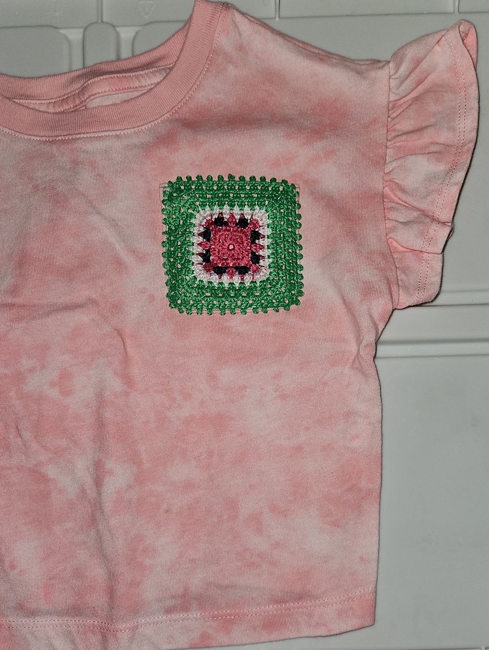 jumping beans Pink Tie-Dye Short Sleeve Tee with Watermelon Crochet Pocket